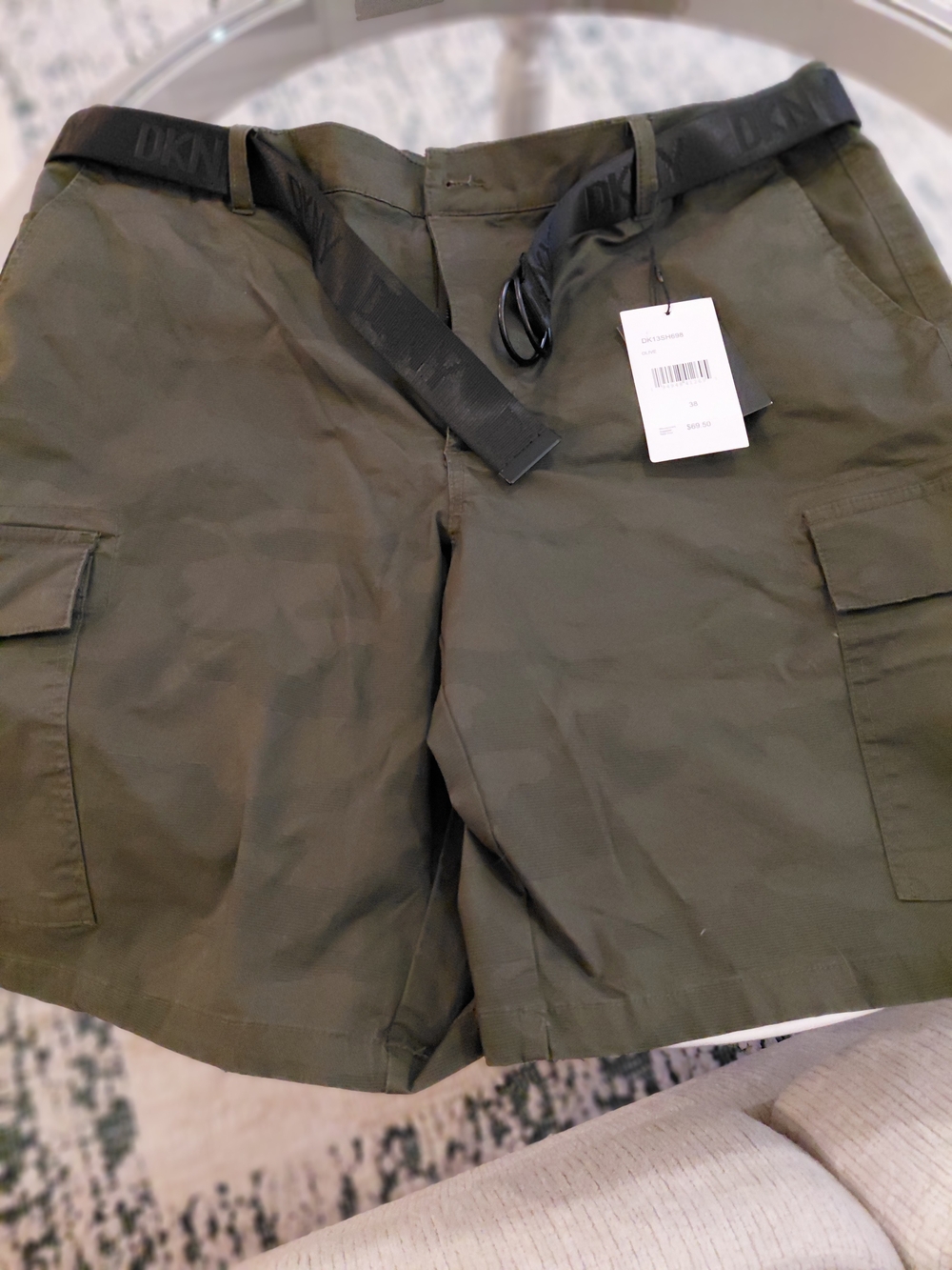 DKNY Olive Cargo Shorts with Branded Black Web Belt